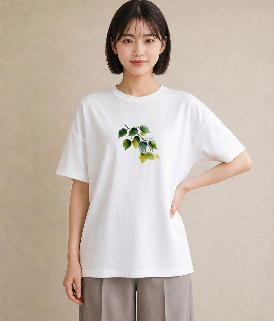 グラフィックTシャツ レディース 新緑 植物 ボタニカル イラスト 抜け感 ミセス 春コーデ 白T YMAZO