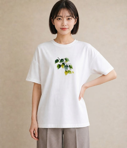 グラフィックTシャツ レディース 新緑 植物 ボタニカル イラスト 抜け感 ミセス 春コーデ 白T YMAZO