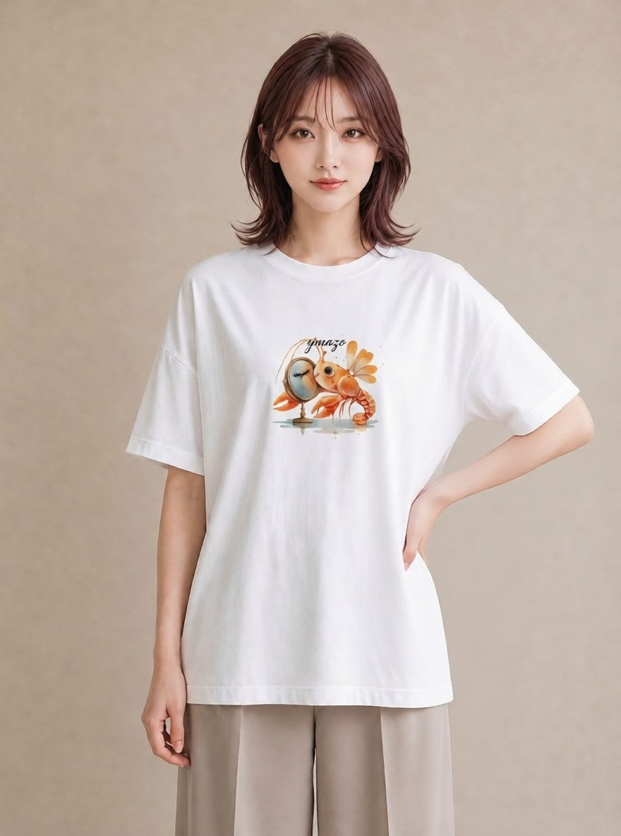 グラフィックTシャツ レディース エビ 海の生き物 海 イラスト ミニマル 綿100 デート 白T YMAZO
