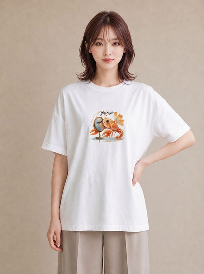 グラフィックTシャツ レディース エビ 海の生き物 海 イラスト ミニマル 綿100 デート 白T YMAZO