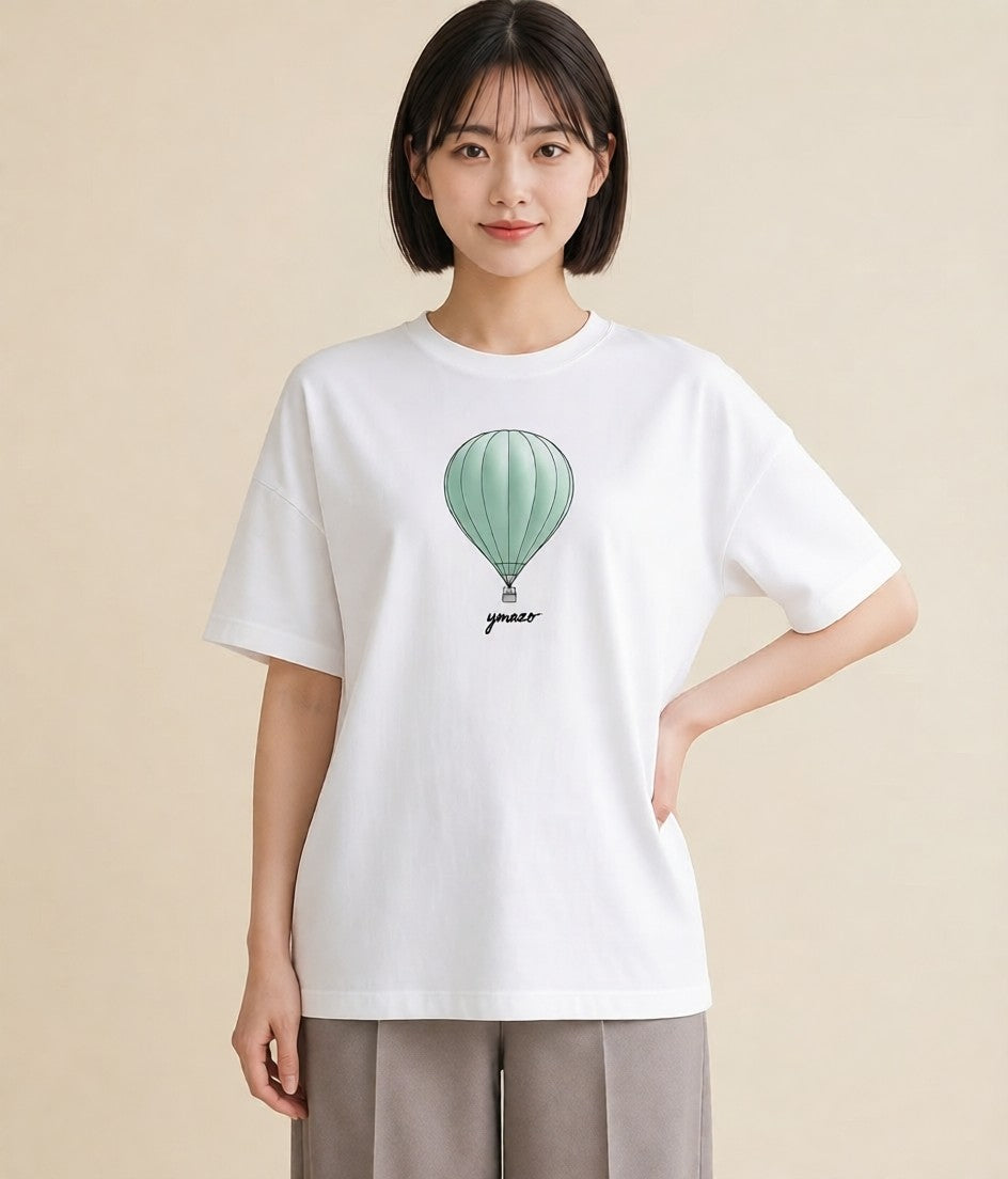 半袖Tシャツ レディース 紙風船 和紙 ナチュラル アンティーク イラスト アート風 買い物 夏コーデ 白T YMAZO