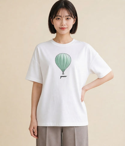 半袖Tシャツ レディース 紙風船 和紙 ナチュラル アンティーク イラスト アート風 買い物 夏コーデ 白T YMAZO