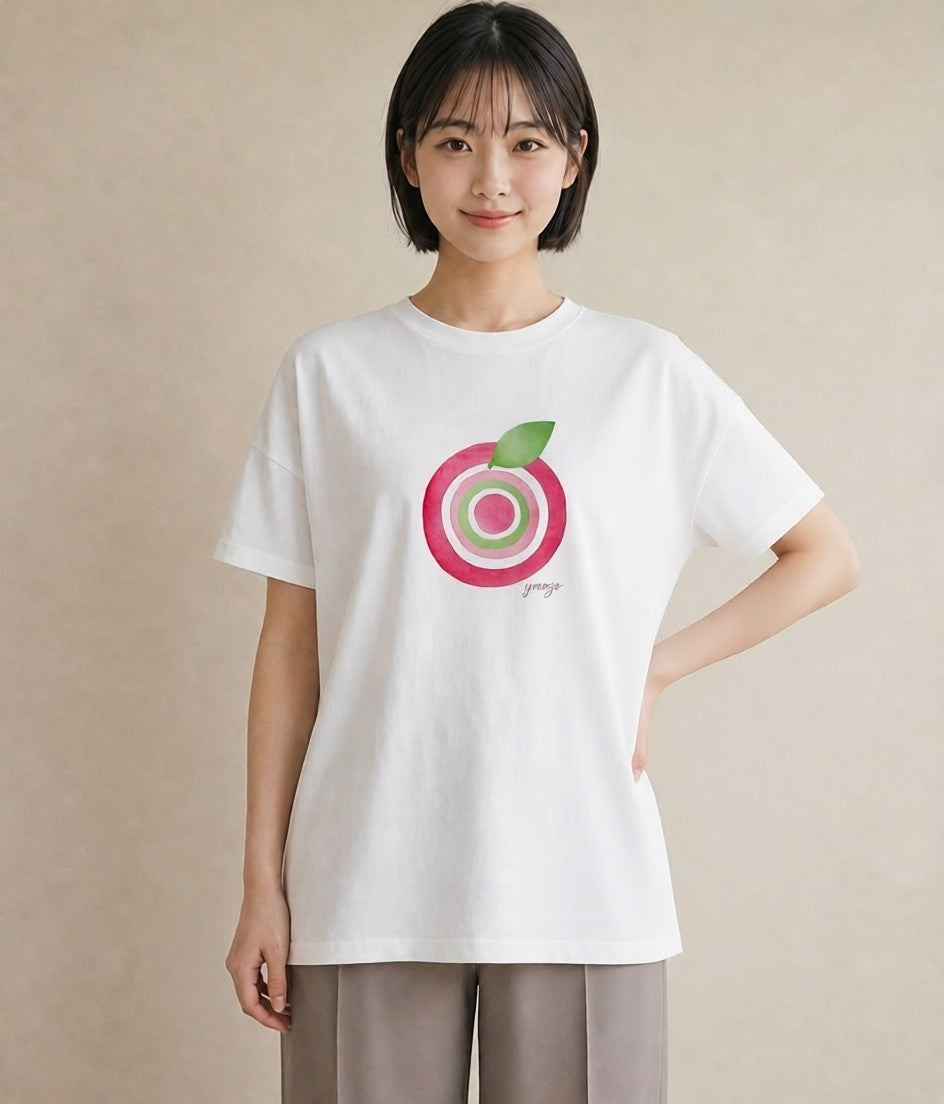 プリントTシャツ レディース りんご 林檎 アップル 食べ物 フード イラスト 韓国風 春服 ミセス 白T YMAZO