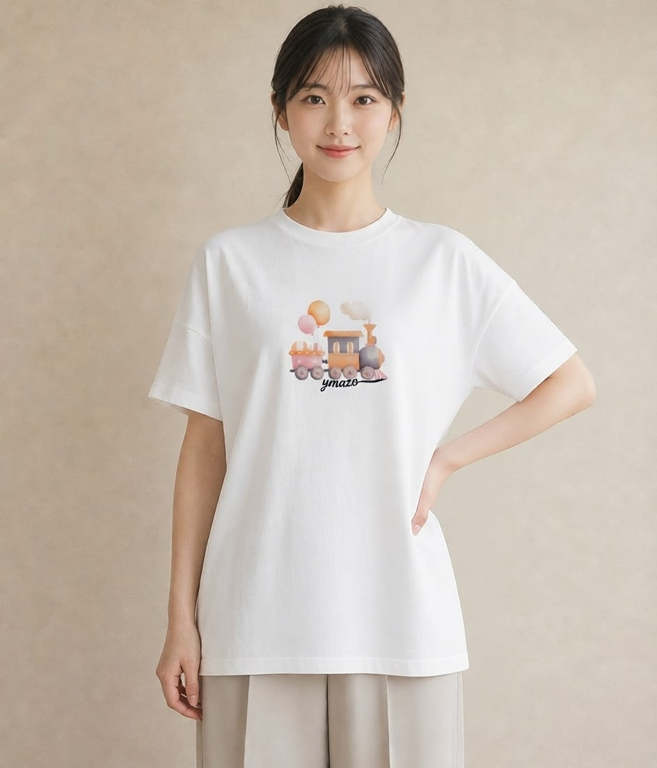 Tシャツ レディース 駅のホーム ローカル線 駅 ナチュラル アンティーク イラスト シック 旅行用 海 白T YMAZO