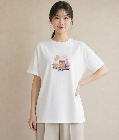 Tシャツ レディース 駅のホーム ローカル線 駅 ナチュラル アンティーク イラスト シック 旅行用 海 白T YMAZO