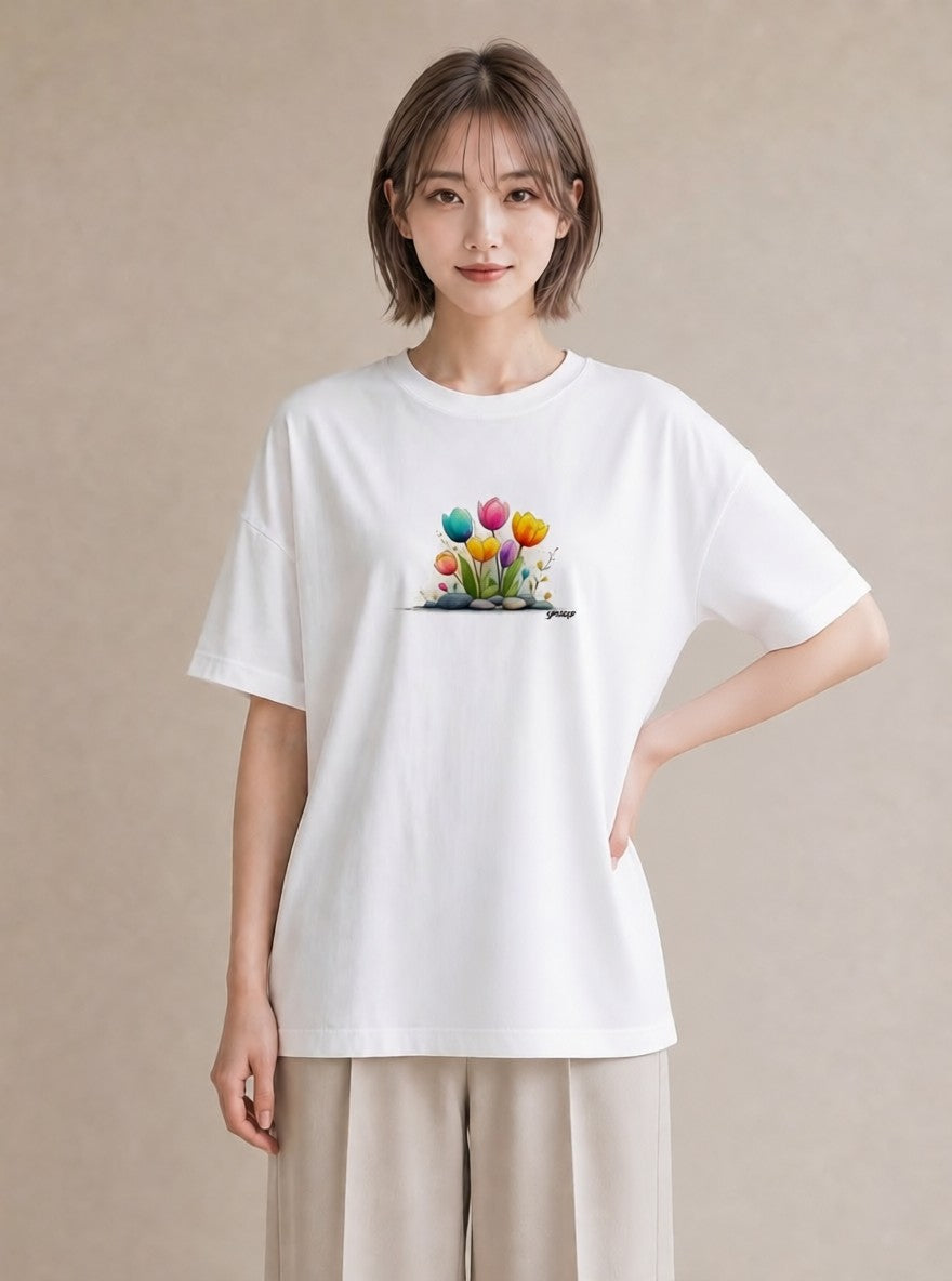 デザインTシャツ レディース チューリップ 花 花柄 イラスト ガーリー お出かけ 普段着 白T YMAZO