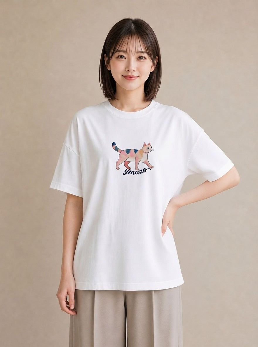 半袖Tシャツ レディース 猫好き 猫 ねこ イラスト レトロ 綿100 デート 白T YMAZO