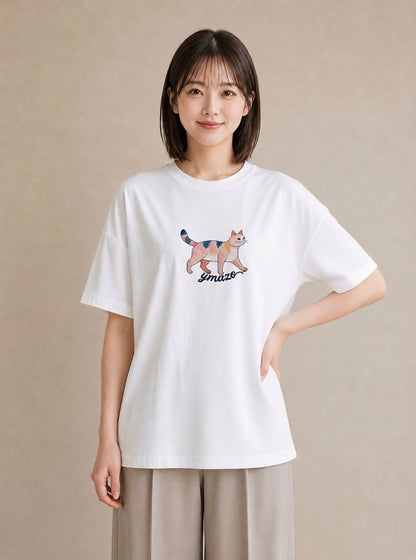 半袖Tシャツ レディース 猫好き 猫 ねこ イラスト レトロ 綿100 デート 白T YMAZO