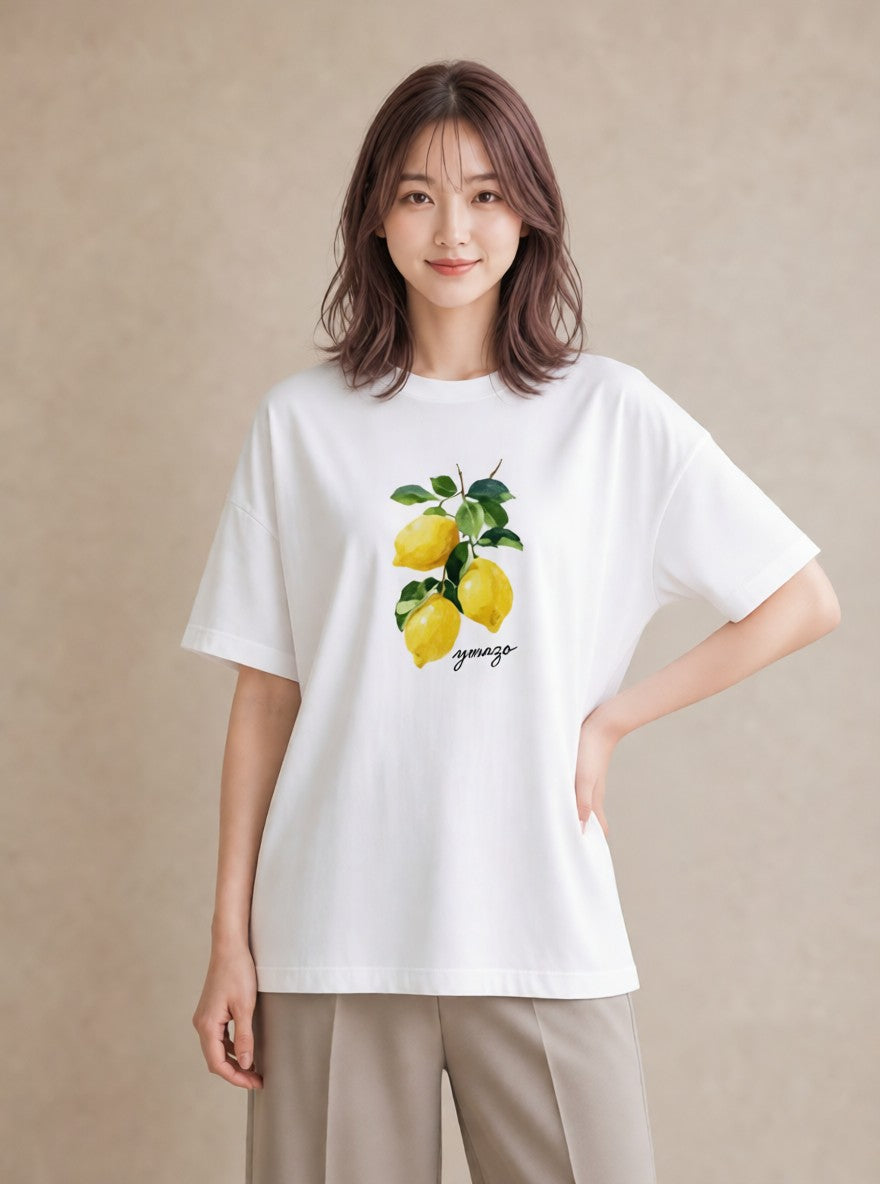 グラフィックTシャツ レディース レモン 檸檬 食べ物 フード イラスト きれいめカジュアル お出かけ 普段着 白T YMAZO