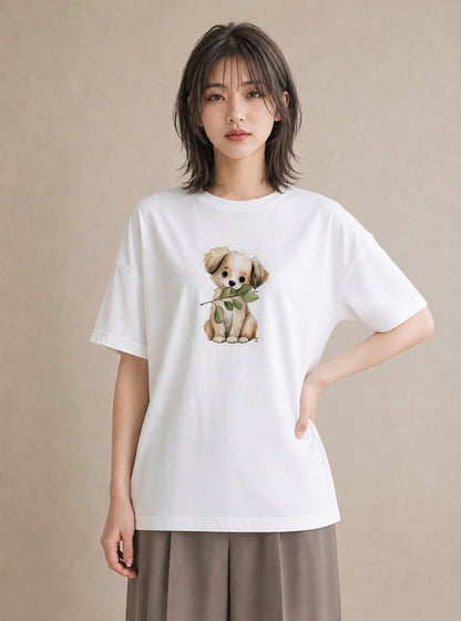 Tシャツ レディース 犬 いぬ イラスト 上品 母娘コーデ 自分用 白T YMAZO