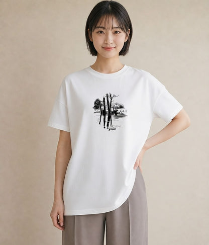 半袖Tシャツ レディース 桟橋 水辺 波止場 ナチュラル アンティーク イラスト 旅行コーデ カフェ巡り 女子会 白T YMAZO