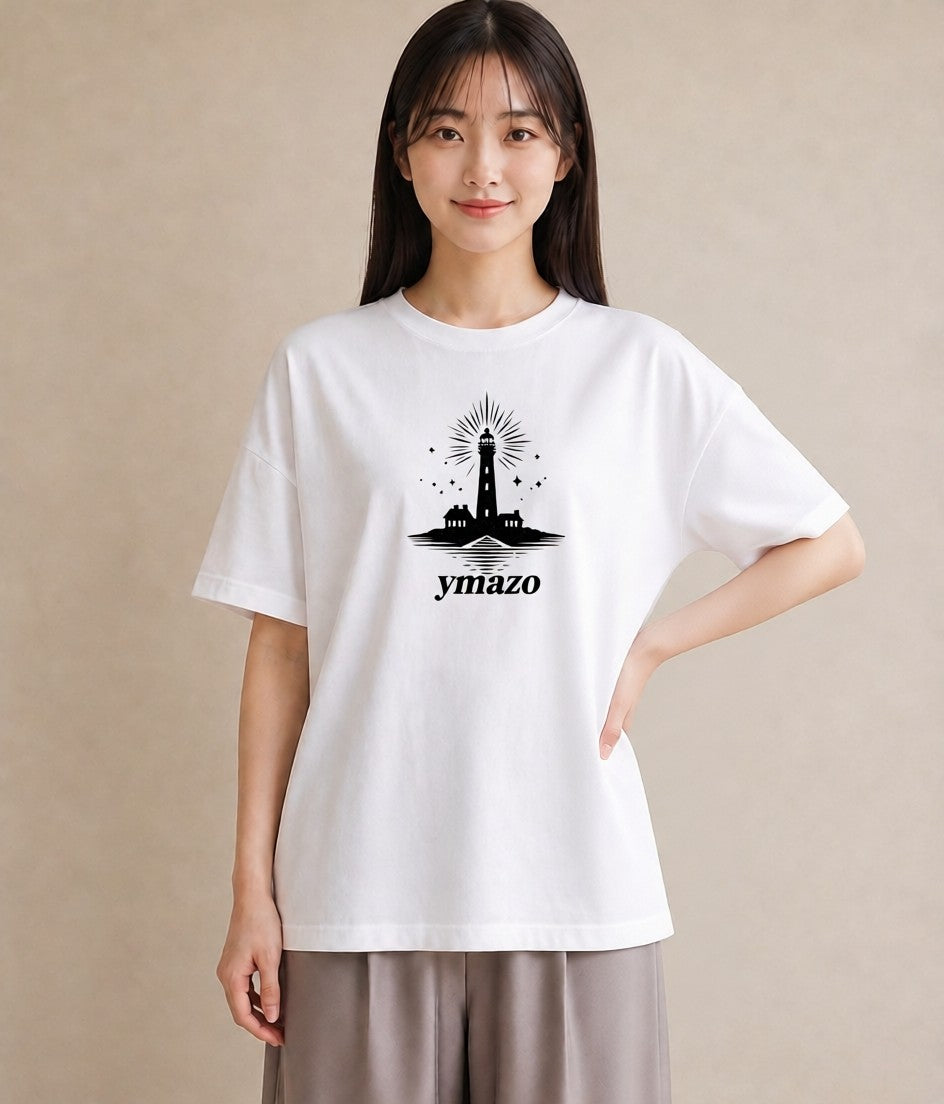 プリントTシャツ レディース 灯台 霧 海 ナチュラル アンティーク イラスト 上品 在宅 公園 白T YMAZO