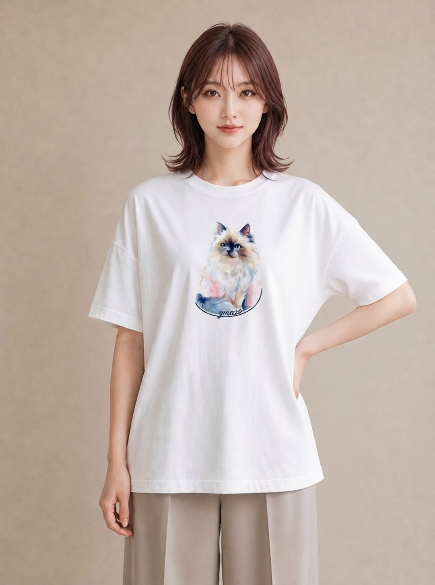 プリントTシャツ レディース ペルシャ 猫 ねこ イラスト きれいめカジュアル デイリーウェア 休日 白T YMAZO