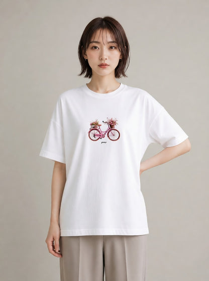 デザインTシャツ レディース 自転車のかご 自転車 花かご ナチュラル アンティーク イラスト きれいめ 在宅 公園 白T YMAZO