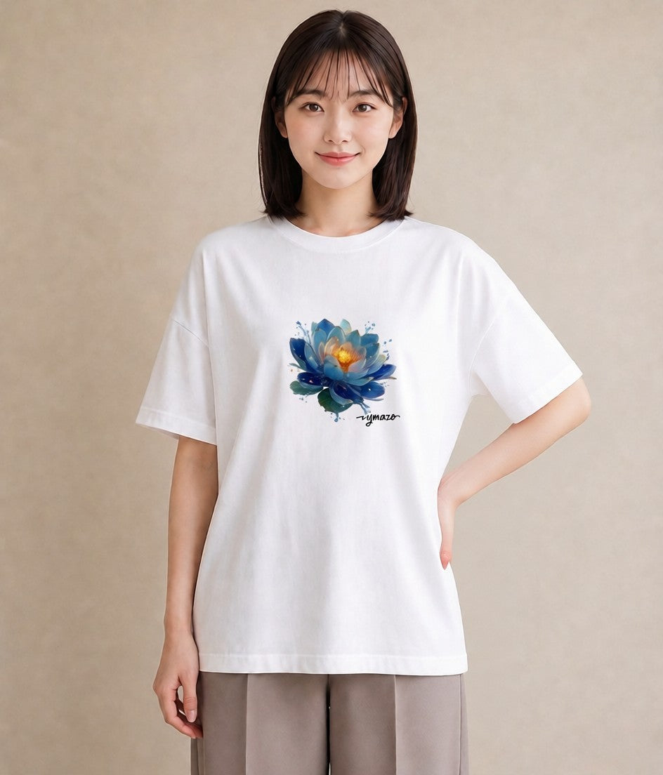 Tシャツ レディース 蓮 花 花柄 イラスト レトロ 休日 ペアコーデ 白T YMAZO