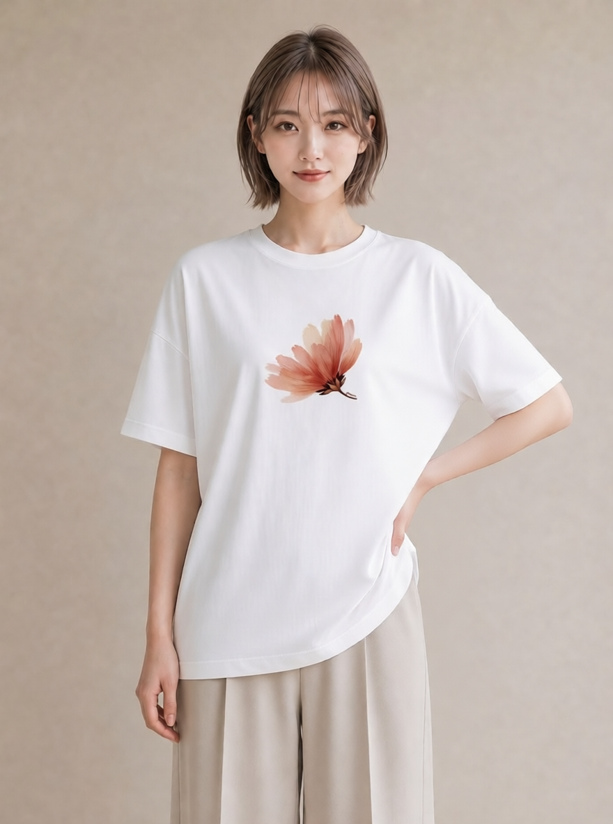 デザインTシャツ レディース コスモス 秋桜 花 花柄 イラスト ゆるかわ ミセス 春コーデ 白T