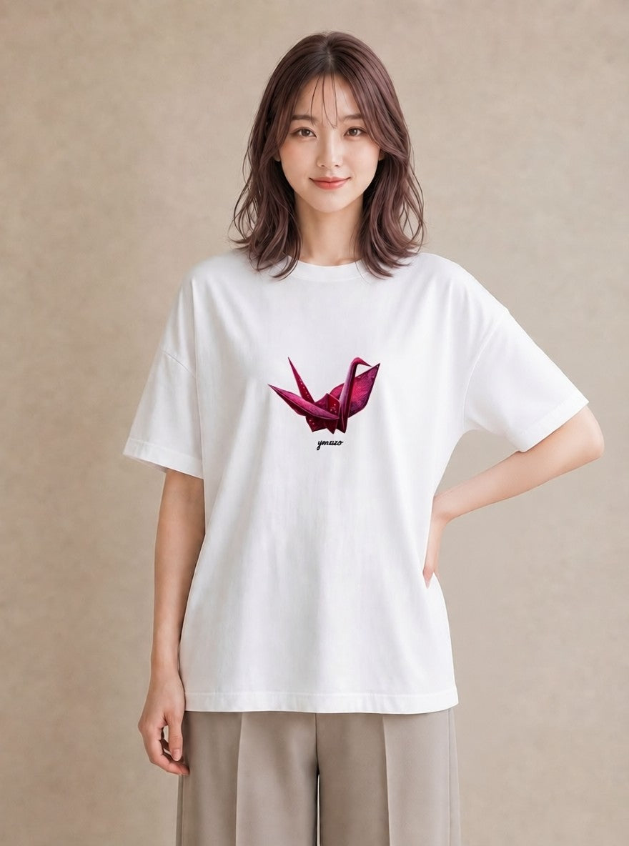 プリントTシャツ レディース 折り鶴 折り紙 ナチュラル アンティーク イラスト 淡色 ルームウェア ギフト 白T YMAZO