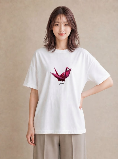 プリントTシャツ レディース 折り鶴 折り紙 ナチュラル アンティーク イラスト 淡色 ルームウェア ギフト 白T YMAZO
