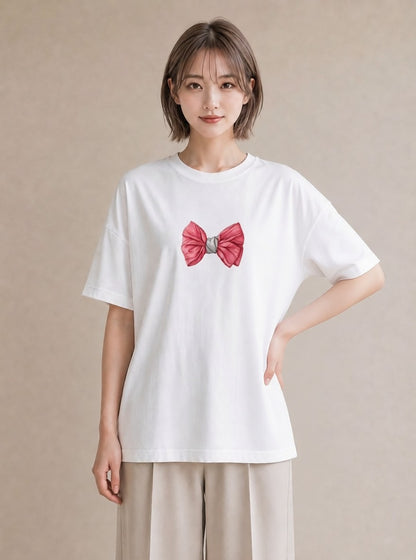 デザインTシャツ レディース リボン 蝶結び ナチュラル アンティーク イラスト 淡色 お揃い 親子 白T YMAZO