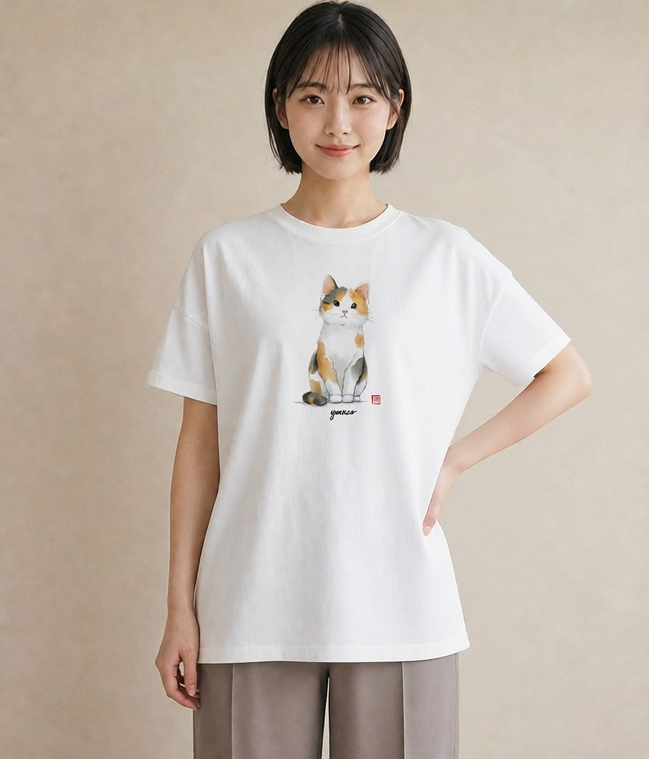 デザインTシャツ レディース ハチワレ 白黒猫 猫 ねこ イラスト カフェ服 クリスマス 白T YMAZO