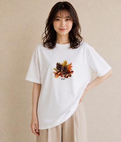 グラフィックTシャツ レディース 松ぼっくり 植物 ボタニカル イラスト ラフ 秋コーデ おしゃれギフト 白T YMAZO