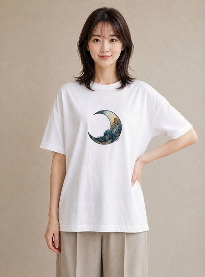 プリントTシャツ レディース 満月 星空 宇宙 イラスト モード 散歩 お出かけ 白T YMAZO