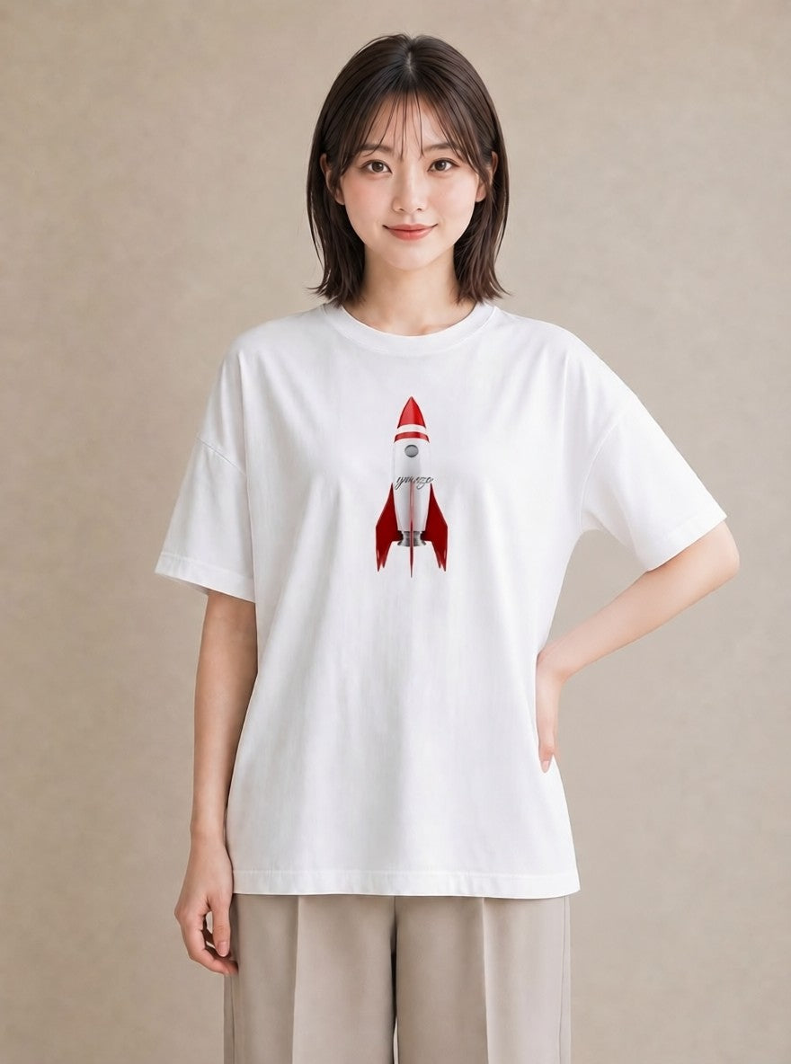 Tシャツ レディース ロケット 星空 宇宙 イラスト カフェコーデ 親子 20代 白T YMAZO