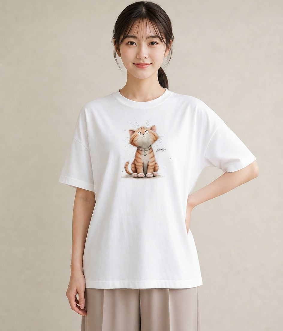 Tシャツ レディース キジトラ 猫 ねこ イラスト フェミニン お出かけ 普段着 白T YMAZO