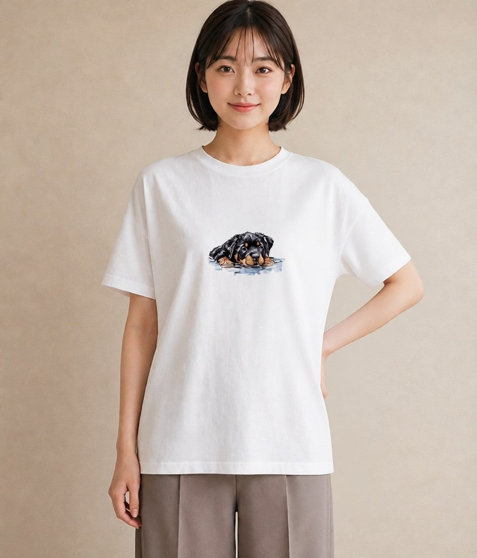 プリントTシャツ レディース 黒柴 犬 いぬ イラスト 韓国風 旅行 母娘コーデ 白T YMAZO