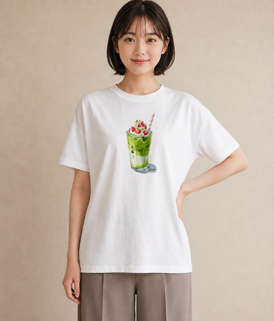 デザインTシャツ レディース 抹茶 食べ物 フード イラスト ペアコーデ 秋コーデ 白T YMAZO