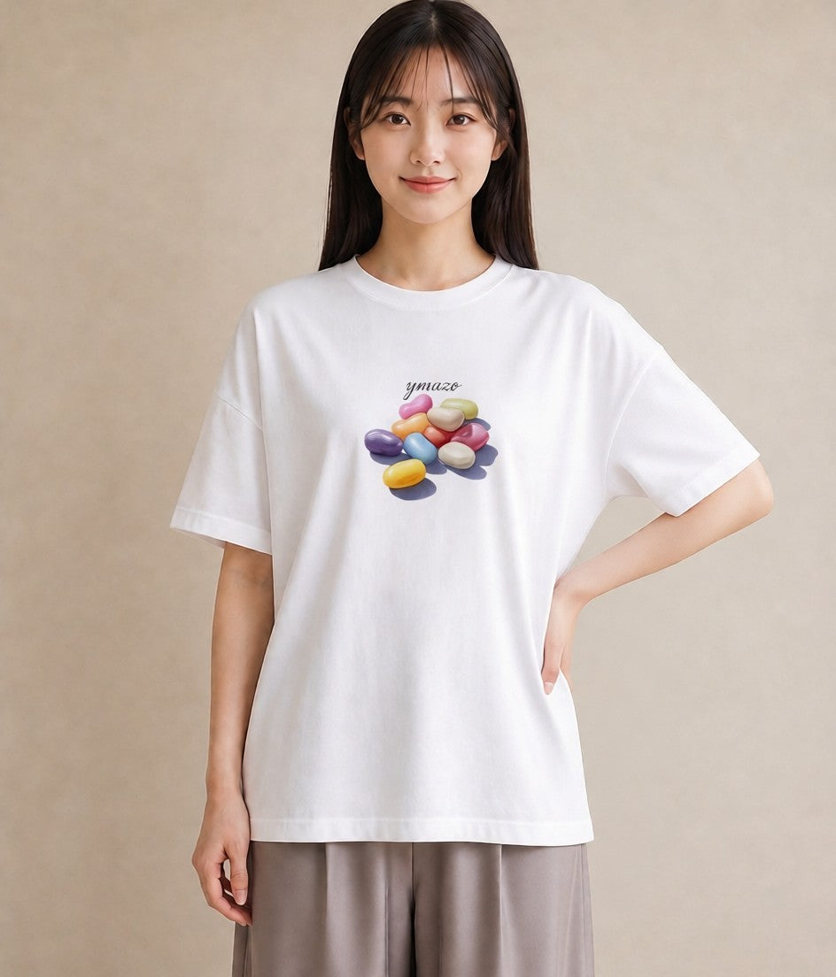デザインTシャツ レディース キャンディ 食べ物 フード イラスト 手描き風 母娘コーデ 自分用 白T YMAZO