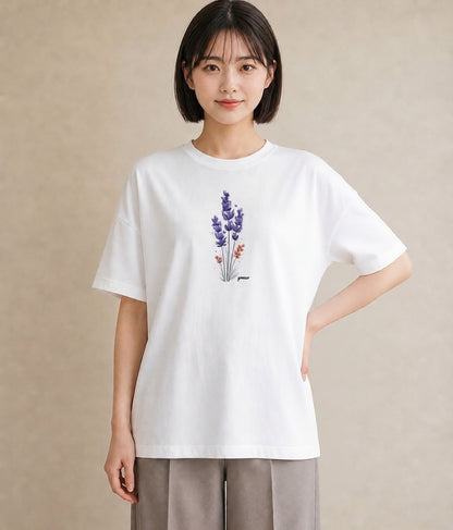 Tシャツ レディース ラベンダー 花 花柄 イラスト ミニマル ラフ レイヤード 白T YMAZO