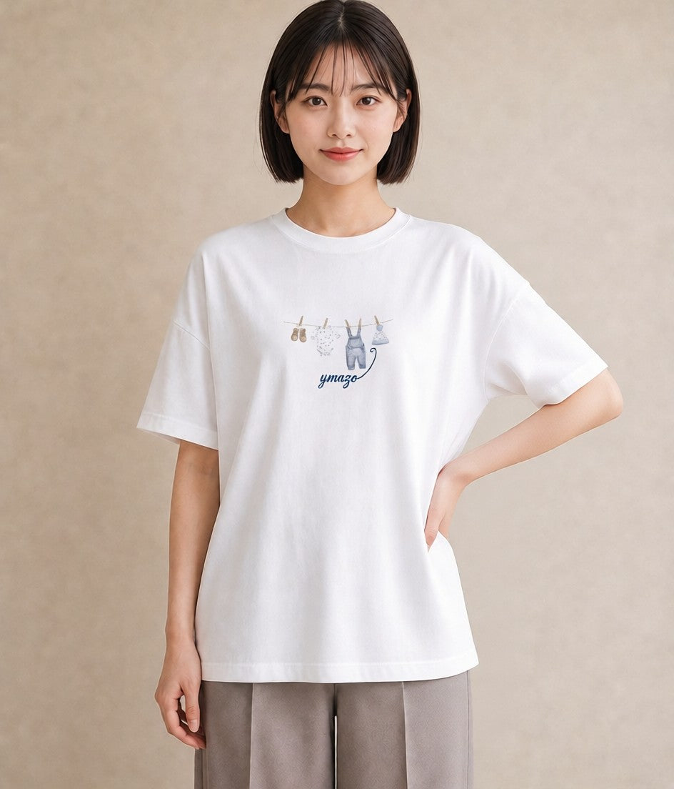 半袖Tシャツ レディース 洗濯物 風 ナチュラル アンティーク イラスト お洒落 レイヤード 友達ギフト 白T YMAZO