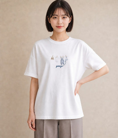 半袖Tシャツ レディース 洗濯物 風 ナチュラル アンティーク イラスト お洒落 レイヤード 友達ギフト 白T YMAZO