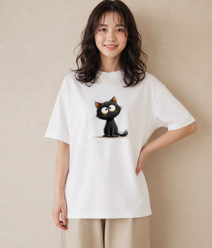 グラフィックTシャツ レディース 黒猫 猫 ねこ イラスト 20代 カジュアルコーデ 白T YMAZO