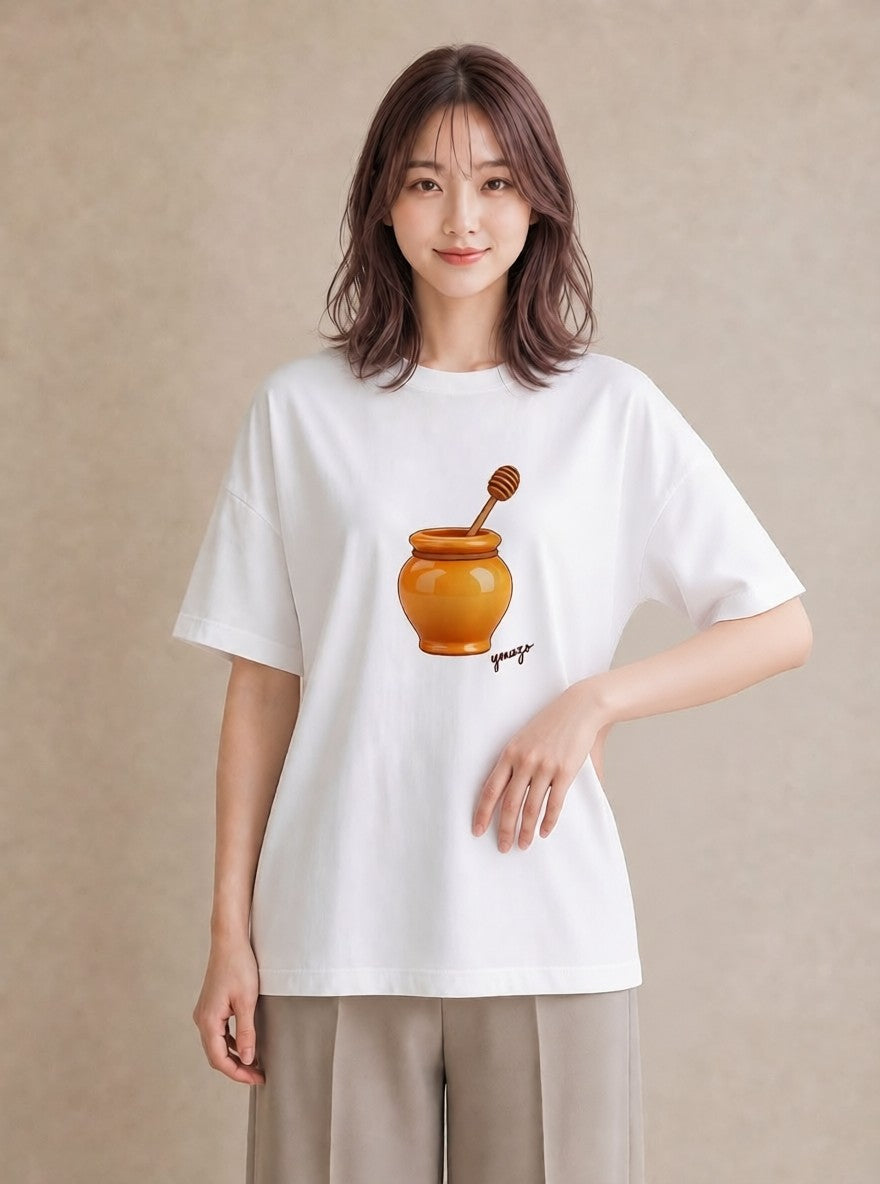 グラフィックTシャツ レディース はちみつ 食べ物 フード イラスト ユニーク デイリーウェア 休日 白T YMAZO