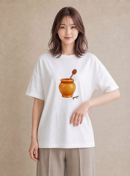 グラフィックTシャツ レディース はちみつ 食べ物 フード イラスト ユニーク デイリーウェア 休日 白T YMAZO