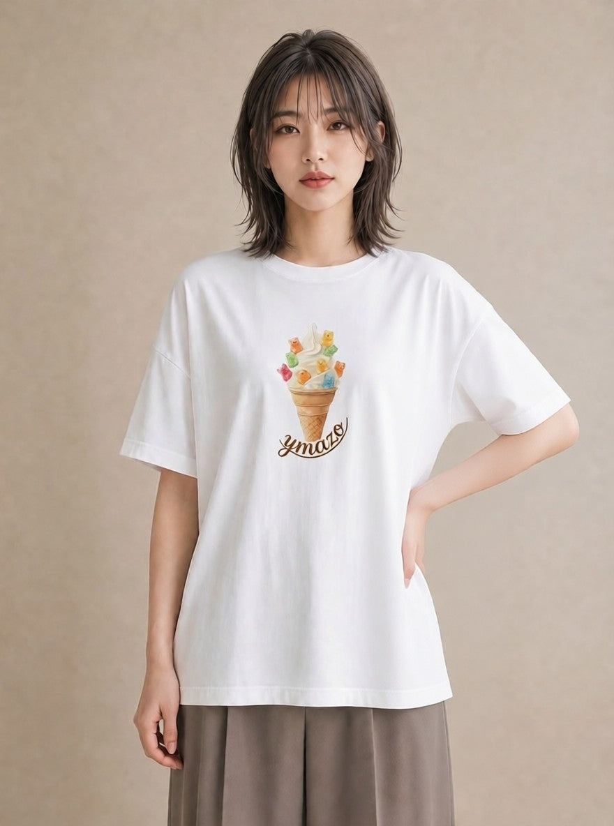 グラフィックTシャツ レディース キャンディ 食べ物 フード イラスト ラフカジュアル 綿100 デート 白T YMAZO