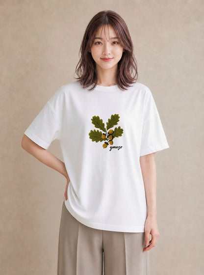 グラフィックTシャツ レディース どんぐり 植物 ボタニカル イラスト 個性的 散歩 お出かけ 白T YMAZO