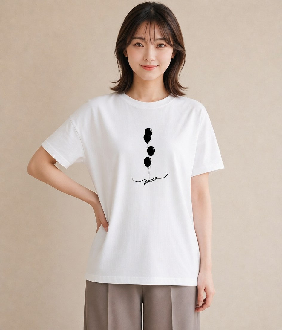 プリントTシャツ レディース 紙風船 和紙 ナチュラル アンティーク イラスト 水彩風 ペアコーデ 秋コーデ 白T YMAZO