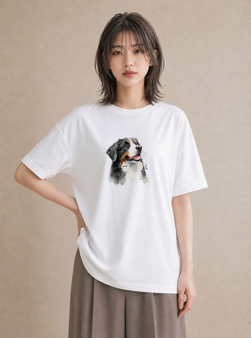 デザインTシャツ レディース バーニーズマウンテンドッグ 犬 いぬ イラスト 北欧風 ミセス 春コーデ 白T YMAZO