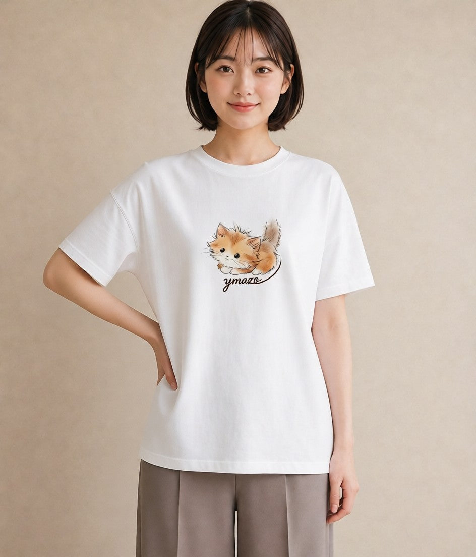 デザインTシャツ レディース マンチカン 猫 ねこ イラスト ポップ 誕生日プレゼント 綿100 白T YMAZO