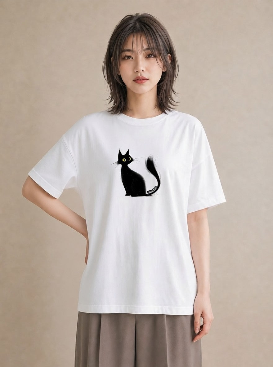 Tシャツ レディース 黒猫 猫 ねこ イラスト 上品 週末コーデ 敬老の日 白T YMAZO