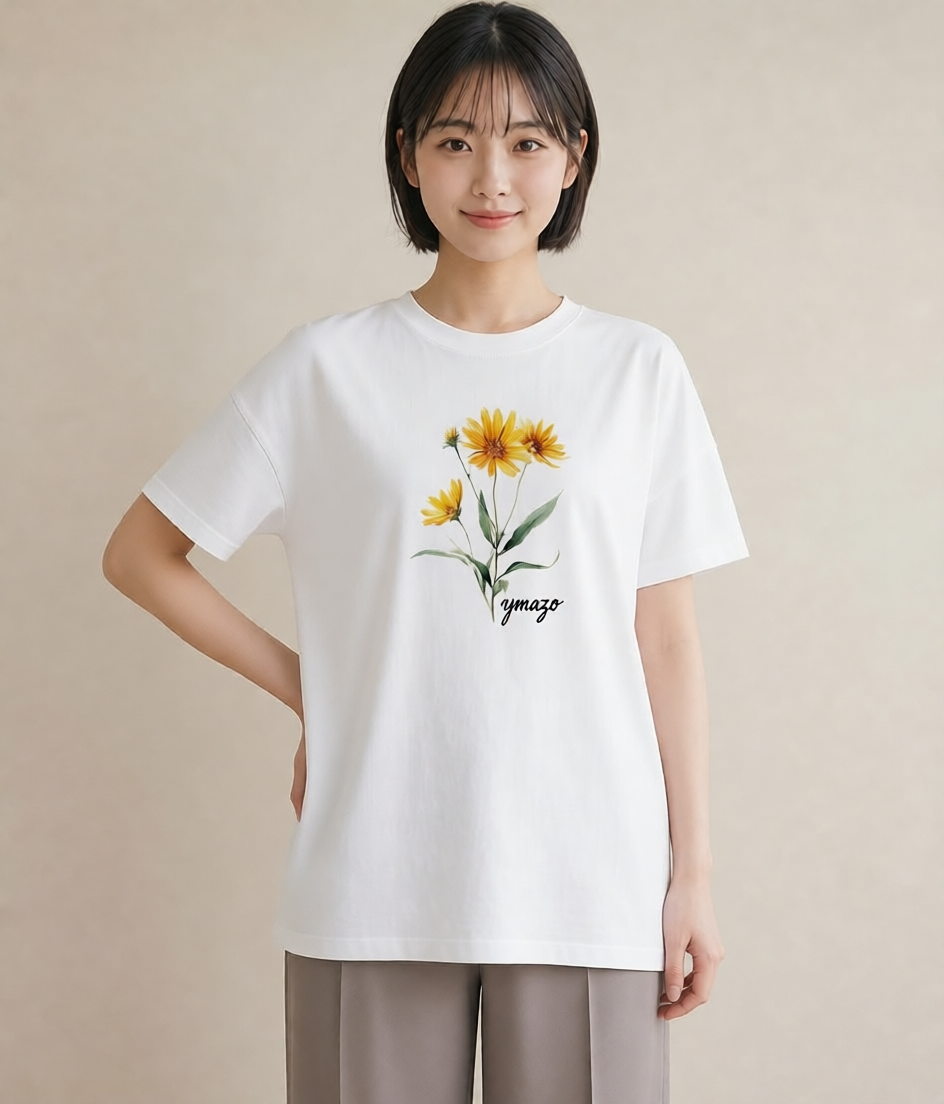 プリントTシャツ レディース ひまわり 向日葵 花 花柄 イラスト 普段使い 休日 ペアコーデ 白T YMAZO