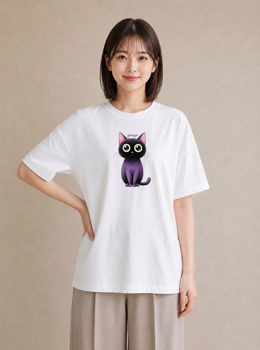 半袖Tシャツ レディース ニャンコ 猫 ねこ イラスト 淡色 夏コーデ 通学 白T YMAZO