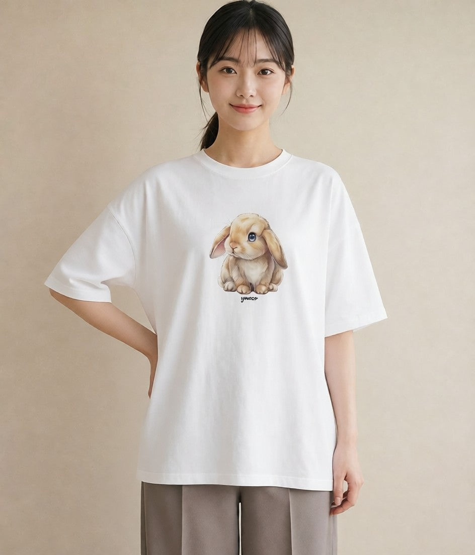 プリントTシャツ レディース ライオンラビット ペット 動物 イラスト ゆるコーデ 普段着 週末コーデ 白T YMAZO