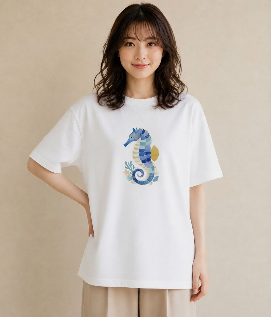 半袖Tシャツ レディース タツノオトシゴ 海の生き物 海 イラスト ミニマル お揃い 親子 白T YMAZO
