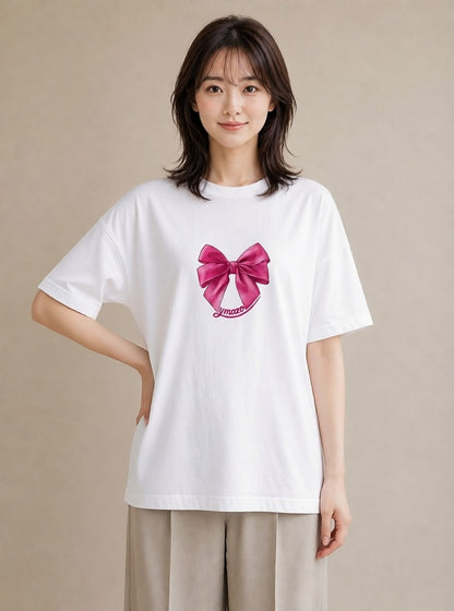 半袖Tシャツ レディース リボン 蝶結び ナチュラル アンティーク イラスト ヴィンテージ風 母の日 ビーチ 白T YMAZO