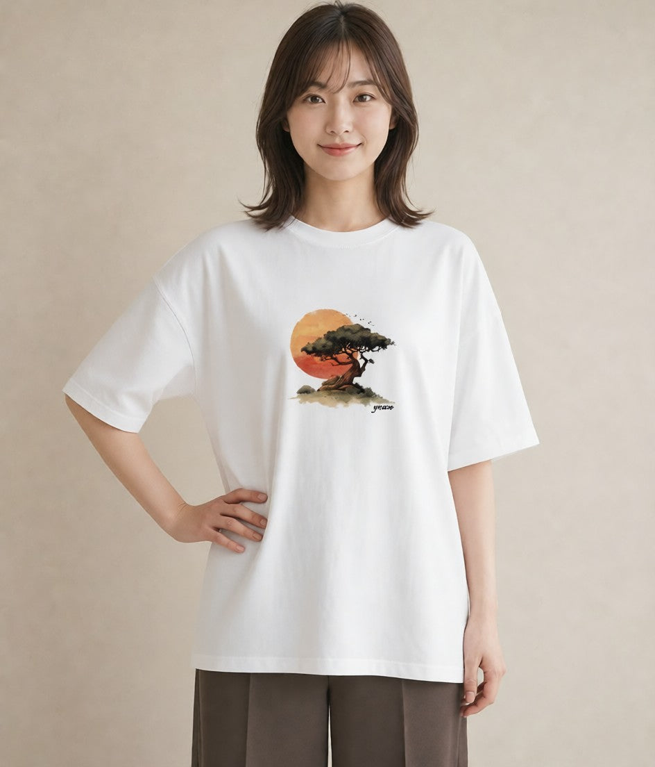 プリントTシャツ レディース 盆栽 植物 ボタニカル イラスト きれいめ 在宅 公園 白T YMAZO