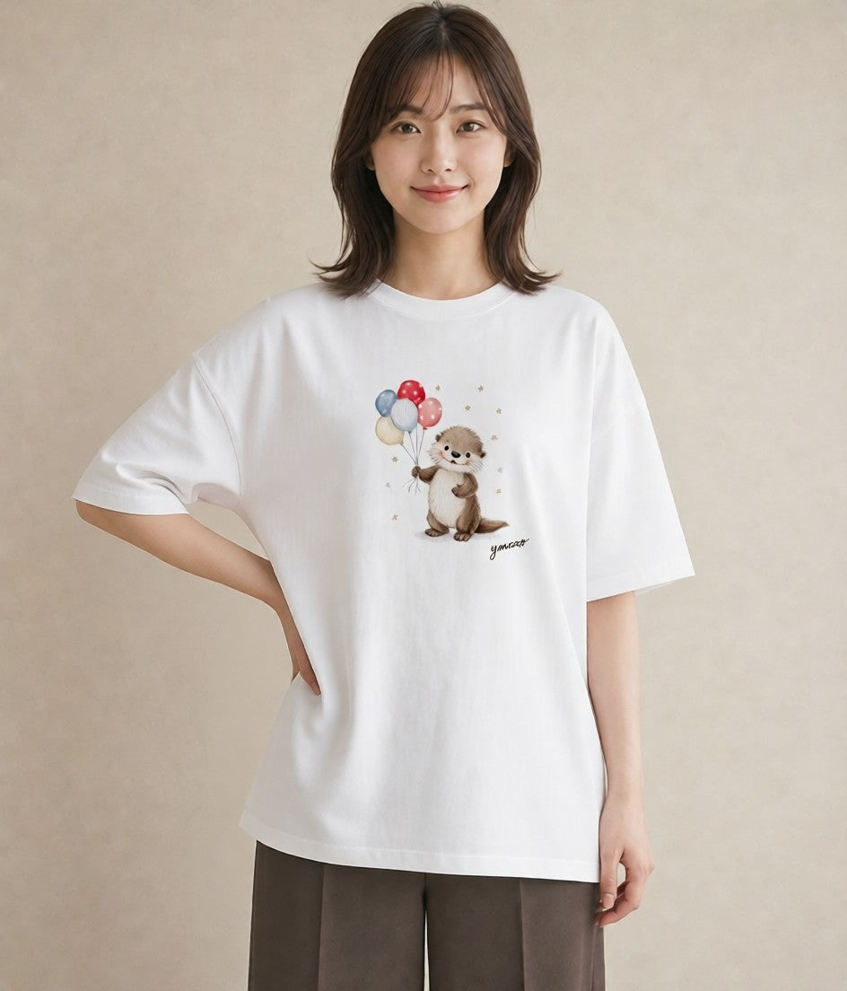 デザインTシャツ レディース カワウソ 動物 アニマル イラスト 旅行コーデ 旅行 母娘コーデ 白T YMAZO
